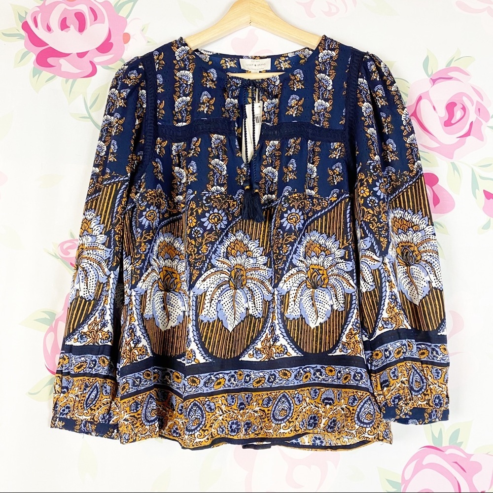 NEW Lucky Brand Laura Lace Floral Peasant Blouse S